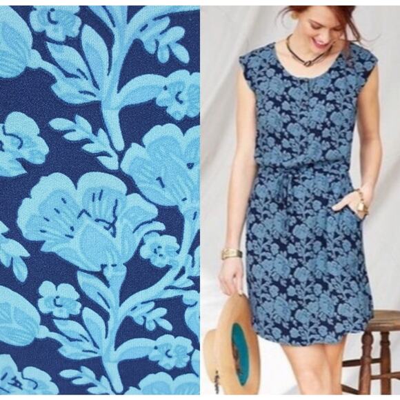 Cabi Java Blue Floral Tie Waist Cap Sleeve Button front Lightweight Dress 5265 S - Picture 7 of 16